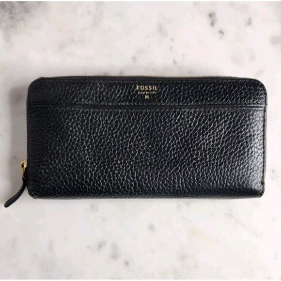 Fossil Wallet Leather Zip Around Pebbled Black Card Slots Coin Zip - Picture 1 of 14